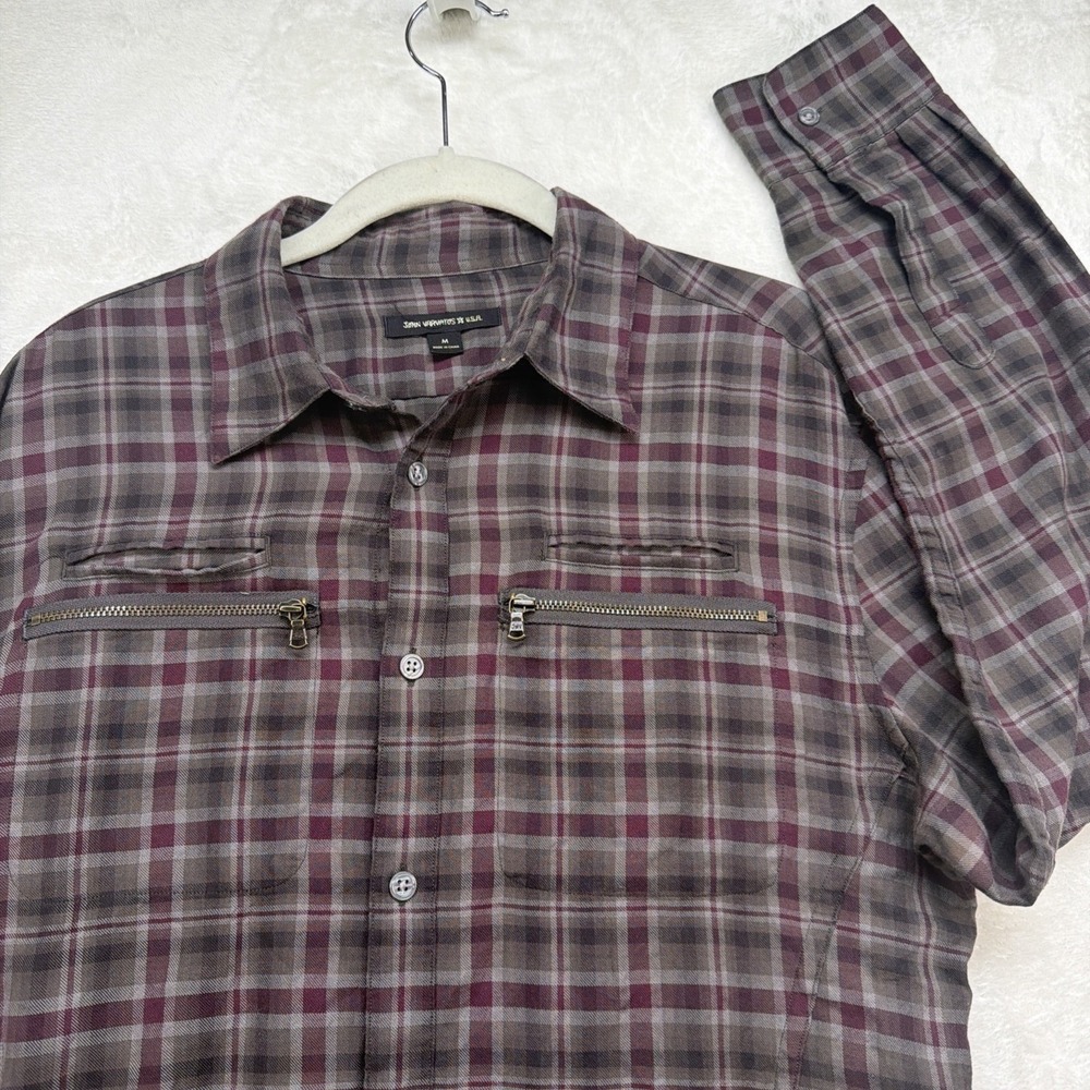 John Varvatos USA Plaid Shirt Zipper Pocket Rock Grunge Moto Mens Medium‎